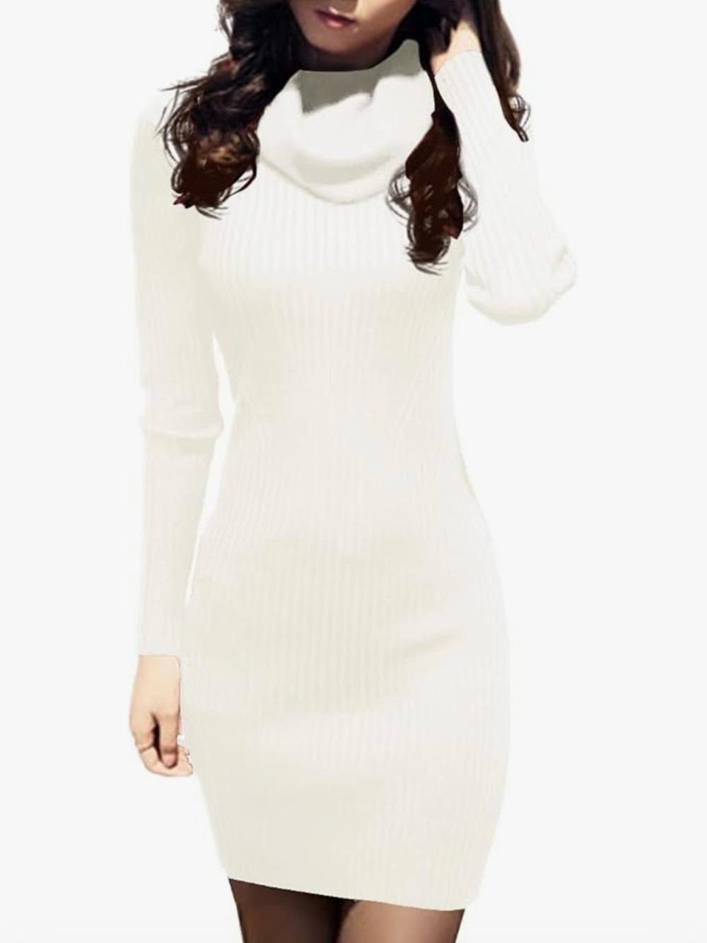 Sleek White Ribbed Cowl-Neck Sweater Dress